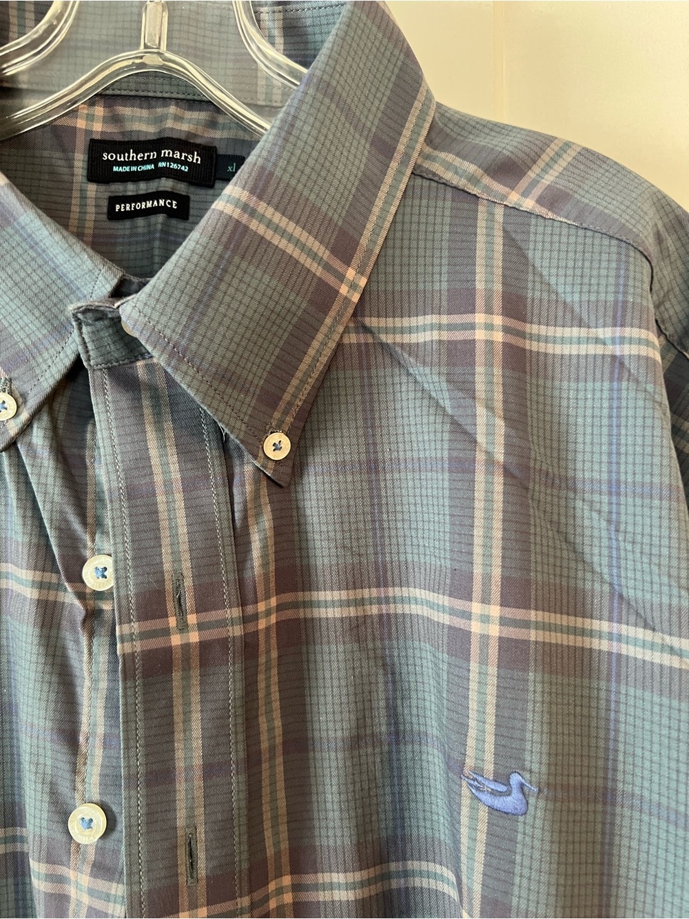 Southern Marsh Men's Plaid Performance Button-Down Shirt in Green and Blue